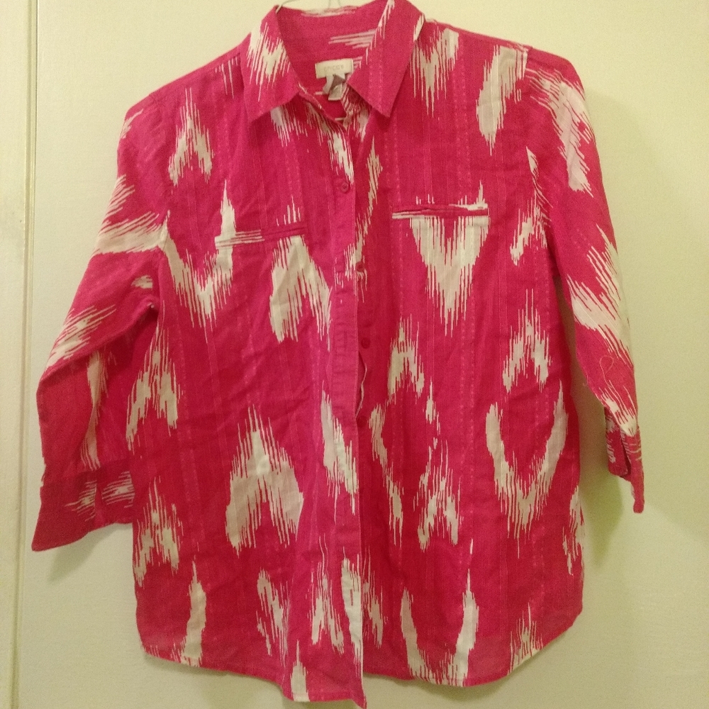 Chico's Hearts Pink White Tie Dye Button Down 3/4 Sleeve Cotton Shirt 1 Junior